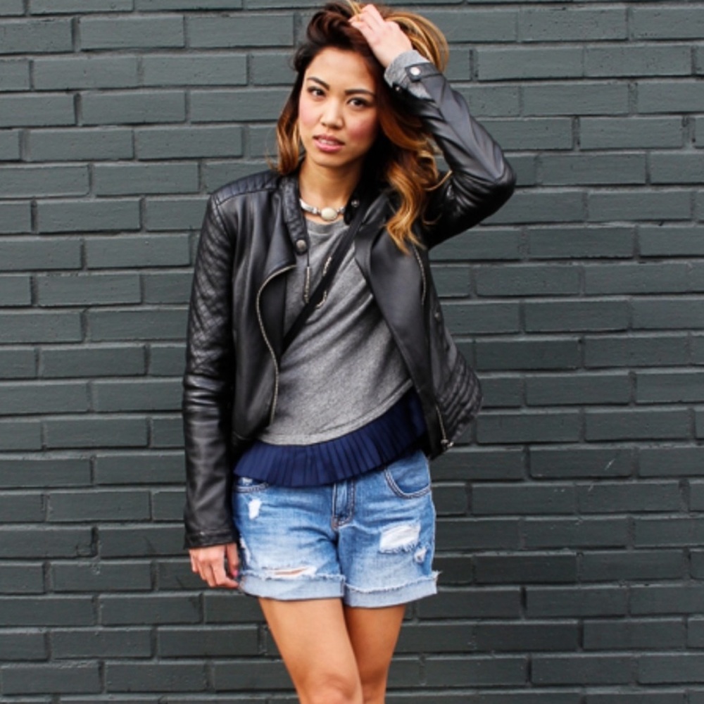 J. Crew Gray Sweatshirt with Cute Navy Ruffle Bottom Hem. EUC